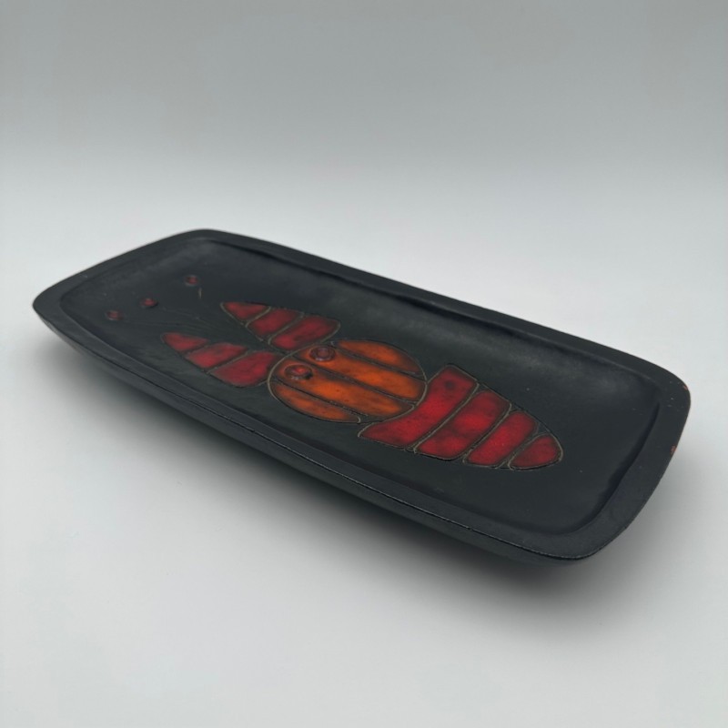 Black Ceramic Dish or Vide-Poche with Fish decoration, by Oswald Tieberghien, circa 1970