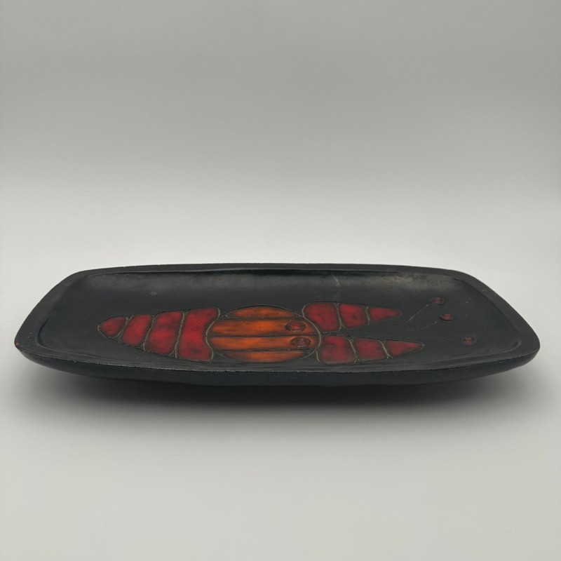 Black Ceramic Dish or Vide-Poche with Fish decoration, by Oswald Tieberghien, circa 1970