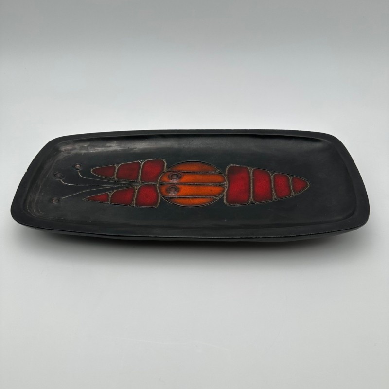 Black Ceramic Dish or Vide-Poche with Fish decoration by Oswald Tieberghien, circa 1970