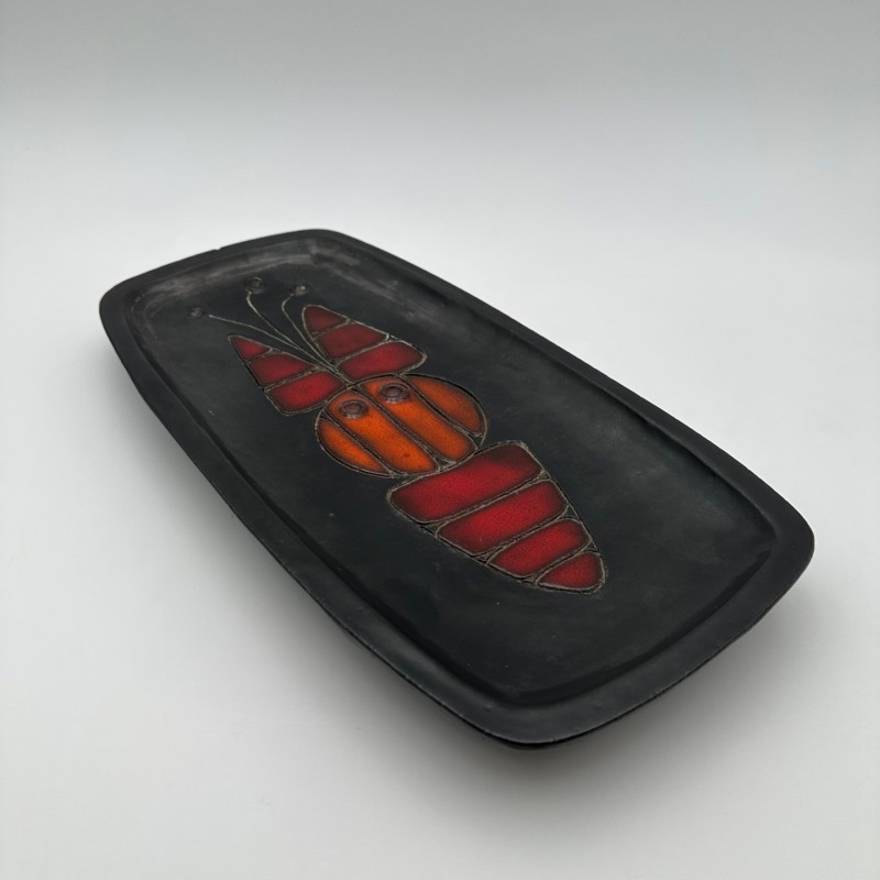 Black Ceramic Dish or Vide-Poche with Fish decoration by Oswald Tieberghien, circa 1970