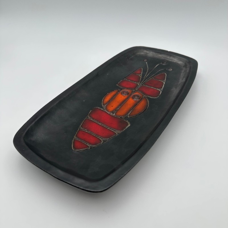 Black Ceramic Dish or Vide-Poche with Fish decoration by Oswald Tieberghien, circa 1970