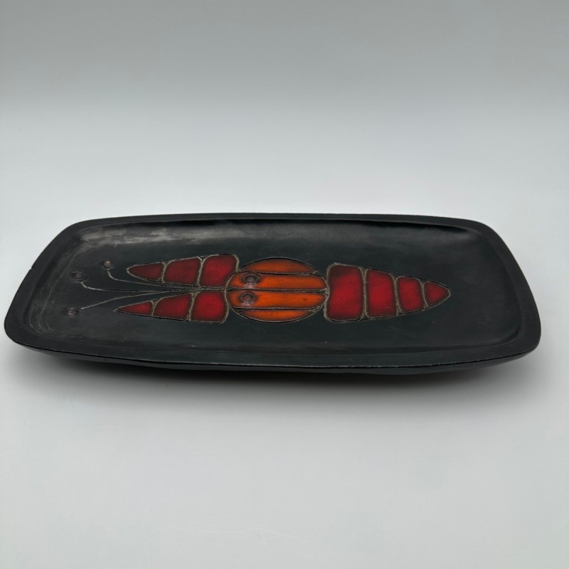 Black Ceramic Dish or Vide-Poche with Fish decoration by Oswald Tieberghien, circa 1970
