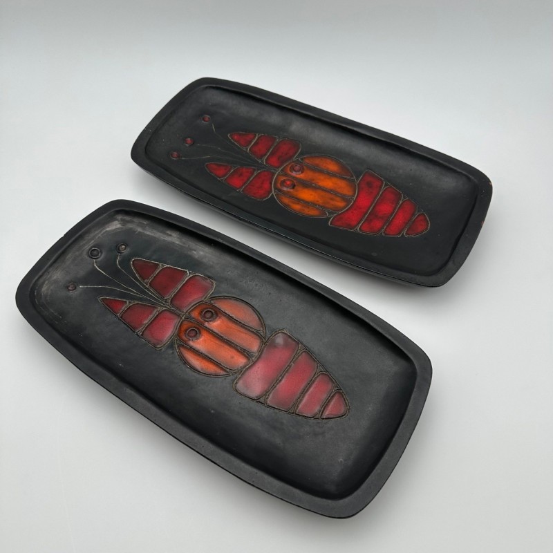 Set of Two Black Ceramic Fish Dishes or Vide-Poche By Oswald Tieberghien.France. Circa 1970