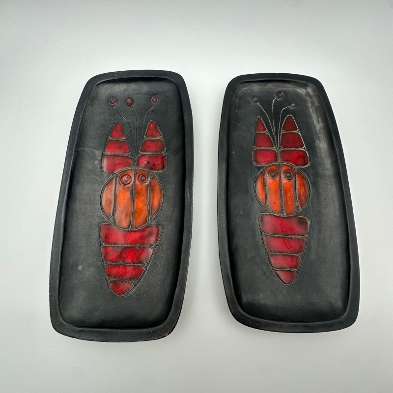 Set of Two Black Ceramic Fish Dishes or Vide-Poche By Oswald Tieberghien.France. Circa 1970