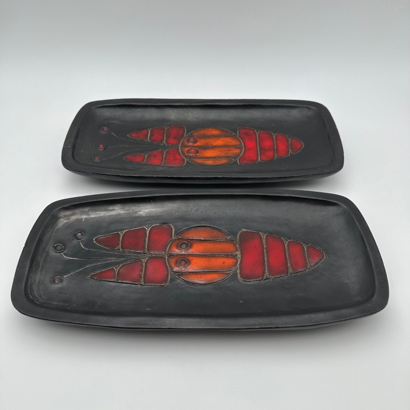 Set of Two Black Ceramic Fish Dishes or Vide-Poche By Oswald Tieberghien.France. Circa 1970