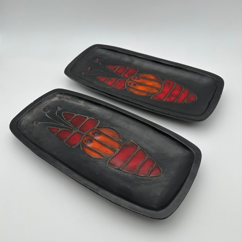 Set of Two Black Ceramic Fish Dishes or Vide-Poche By Oswald Tieberghien.France. Circa 1970