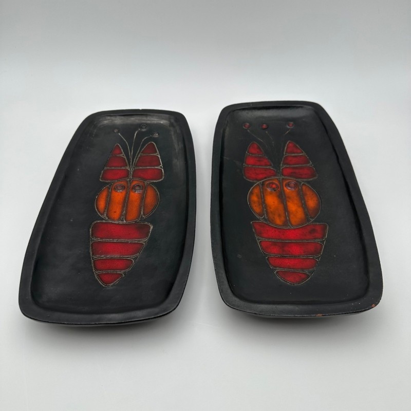 Set of Two Black Ceramic Fish Dishes or Vide-Poche By Oswald Tieberghien.France. Circa 1970