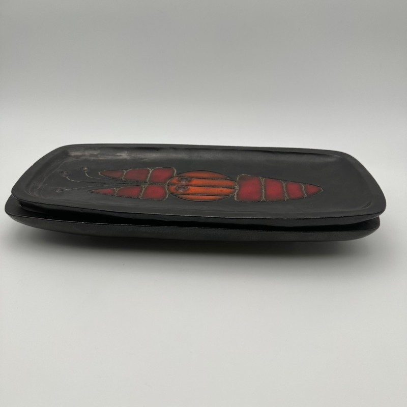 Set of Two Black Ceramic Fish Dishes or Vide-Poche By Oswald Tieberghien.France. Circa 1970