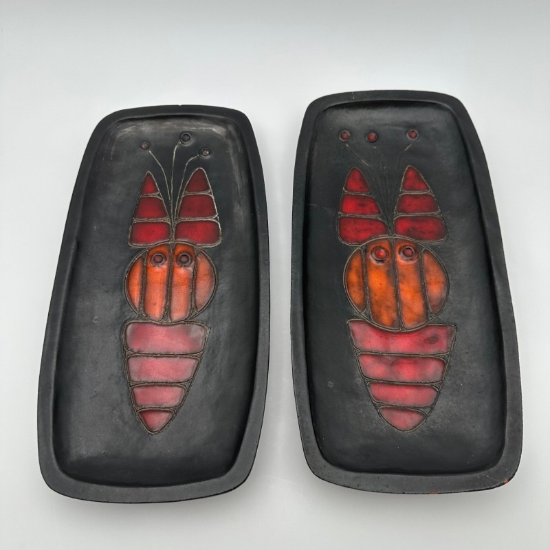 Set of Two Black Ceramic Fish Dishes or Vide-Poche By Oswald Tieberghien.France. Circa 1970