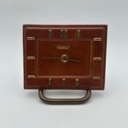 Bayard Desk Clock in Brown Sheathed Leather and Brass, France, 1953