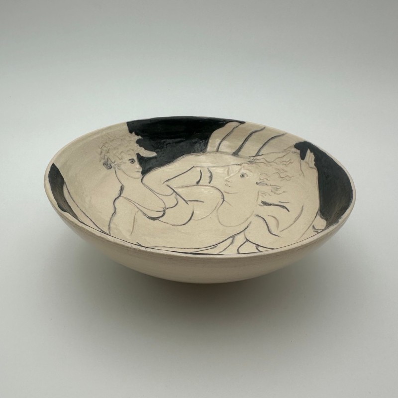 Ceramic Catch-All Tray with Two Female Figures, Signed, Circa 1970