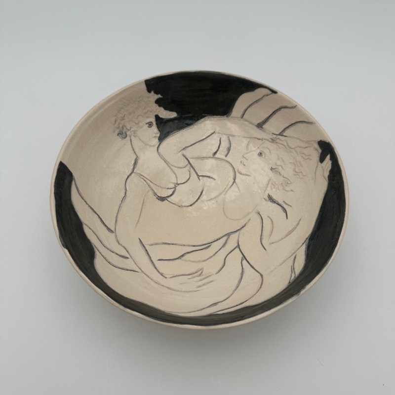Ceramic Catch-All Tray with Two Female Figures, Signed, Circa 1970