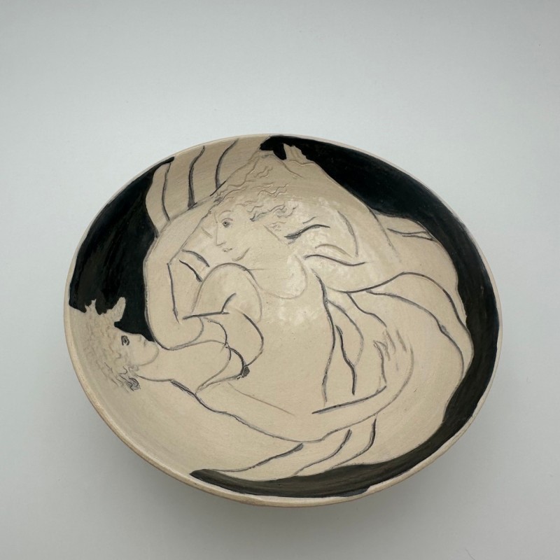 Ceramic Catch-All Tray with Two Female Figures, Signed, Circa 1970
