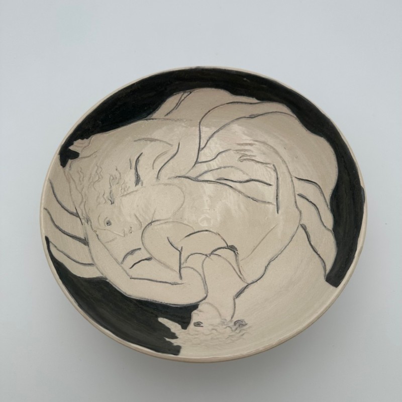 Ceramic Catch-All Tray with Two Female Figures, Signed, Circa 1970