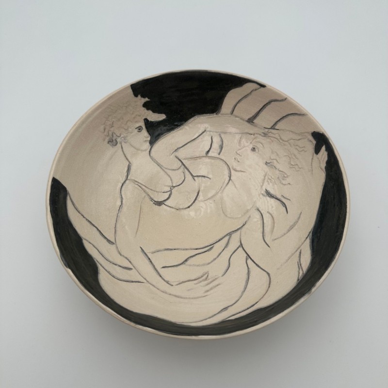 Ceramic Catch-All Tray with Two Female Figures, Signed, Circa 1970