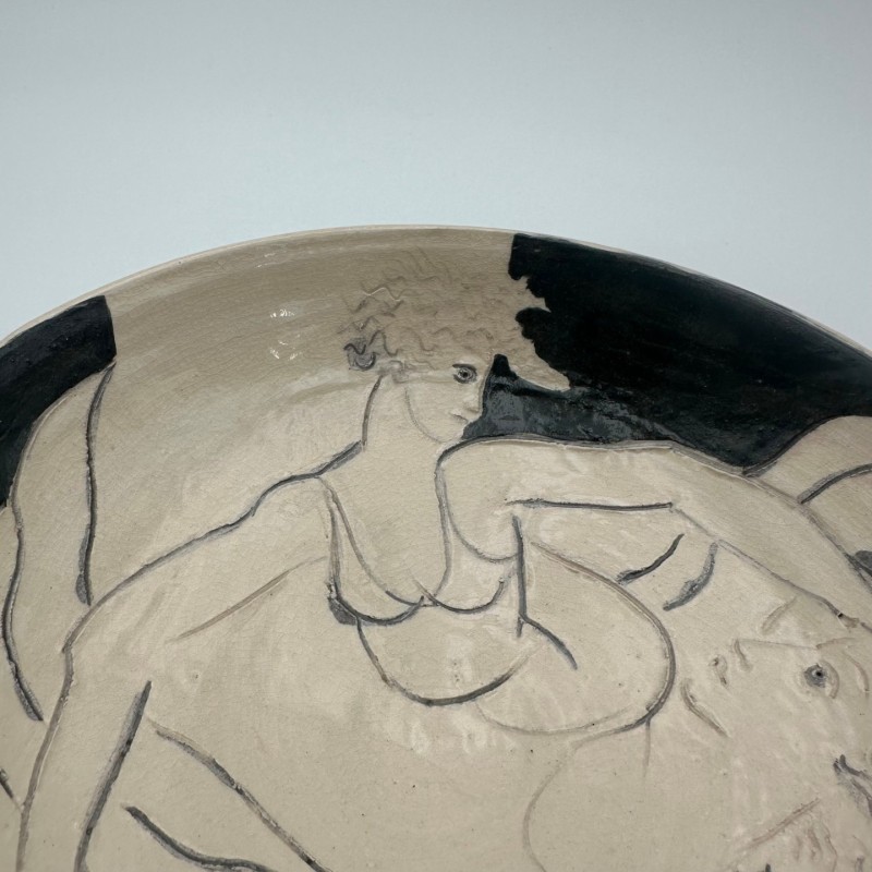Ceramic Catch-All Tray with Two Female Figures, Signed, Circa 1970