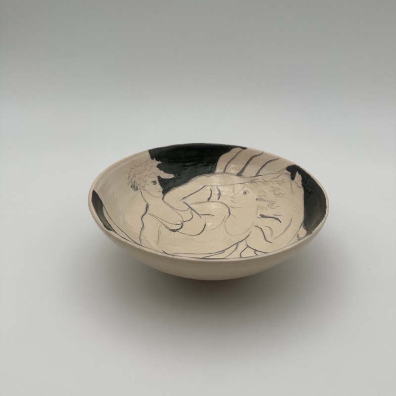 Ceramic Catch-All Tray with Two Female Figures, Signed, Circa 1970