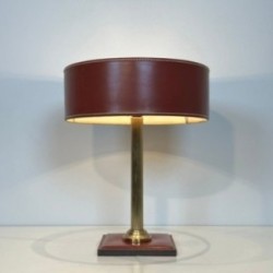 Desk Lamp in Red Leather and Brass in the Style of Jacques Adnet, Circa 1970