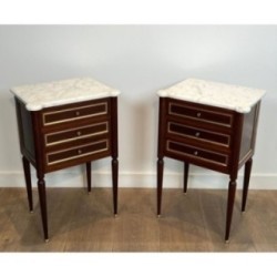 Pair of End Tables in Mahogany and Brass with Carrara Marble Tops, Circa 1940