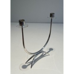 Design Candle Holder in Silvered Metal and Plexiglass for 2 Candles, Circa 1970