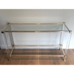 Console Table in Plexiglass and Gilt Metal, Signed Pierre Vandel, Paris, Circa 1970