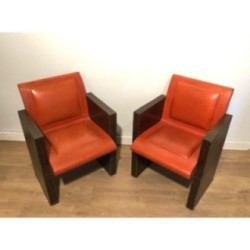 Pair of Armchairs in Brown and Orange Leather, French Production, Circa 1970