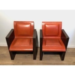 Pair of Armchairs in Brown and Orange Leather, French Production, Circa 1970