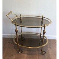 Oval Brass Trolley Table with Smoked Glass Tops, Attributed to Maison Jansen, Circa 1940
