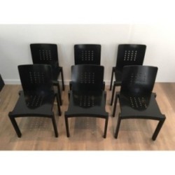 Set of 6 Chairs in Black Lacquered Wood, Circa 1950