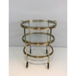 Small Oval Brass Trolley Table with 3 Removable Trays, Circa 1940