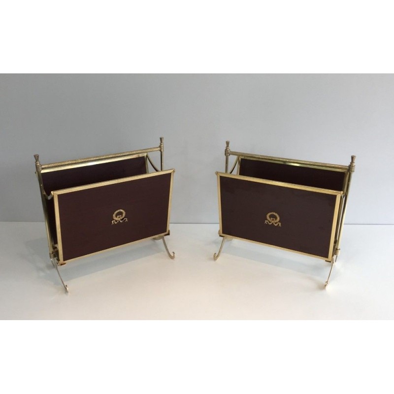 Rare Pair of Neoclassical Magazine Racks in Mahogany and Brass, Attributed to Maison Jansen, Circa 1940