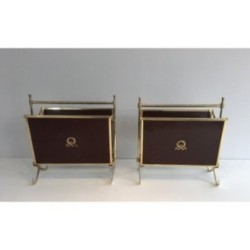 Rare Pair of Neoclassical Magazine Racks in Mahogany and Brass, Attributed to Maison Jansen, Circa 1940
