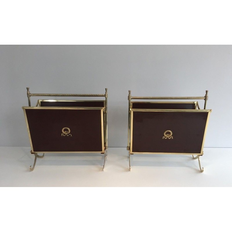 Rare Pair of Neoclassical Magazine Racks in Mahogany and Brass, Attributed to Maison Jansen, Circa 1940