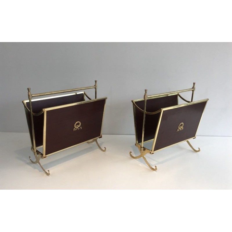 Rare Pair of Neoclassical Magazine Racks in Mahogany and Brass, Attributed to Maison Jansen, Circa 1940
