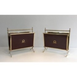 Rare Pair of Neoclassical Magazine Racks in Mahogany and Brass, Attributed to Maison Jansen, Circa 1940