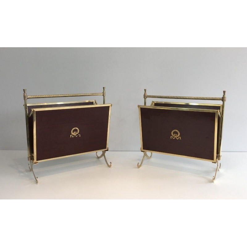 Rare Pair of Neoclassical Magazine Racks in Mahogany and Brass, Attributed to Maison Jansen, Circa 1940