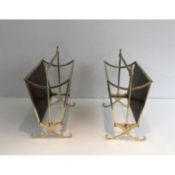 Rare Pair of Neoclassical Magazine Racks in Mahogany and Brass, Attributed to Maison Jansen, Circa 1940