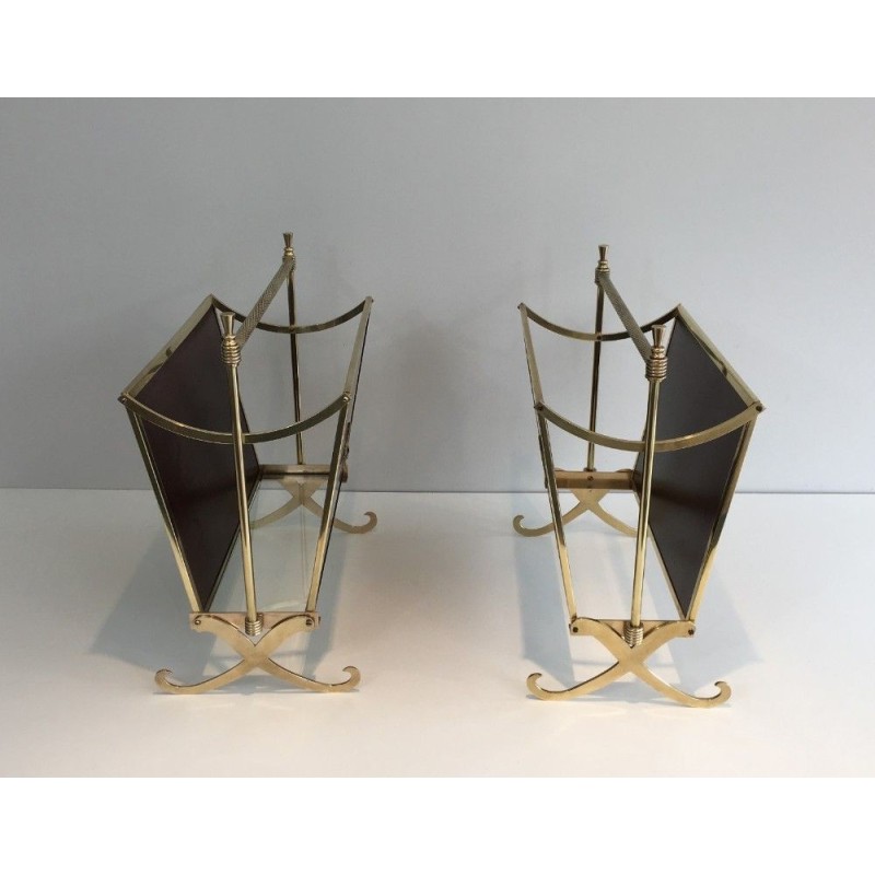 Rare Pair of Neoclassical Magazine Racks in Mahogany and Brass, Attributed to Maison Jansen, Circa 1940