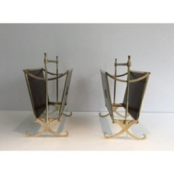 Rare Pair of Neoclassical Magazine Racks in Mahogany and Brass, Attributed to Maison Jansen, Circa 1940