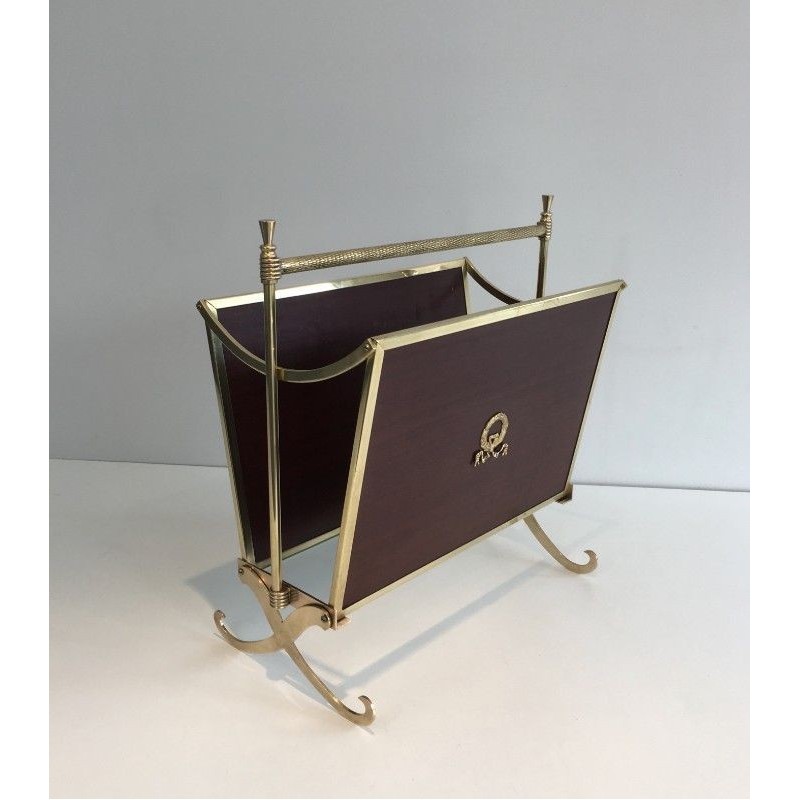 Rare Pair of Neoclassical Magazine Racks in Mahogany and Brass, Attributed to Maison Jansen, Circa 1940