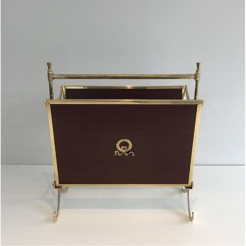 Rare Pair of Neoclassical Magazine Racks in Mahogany and Brass, Attributed to Maison Jansen, Circa 1940