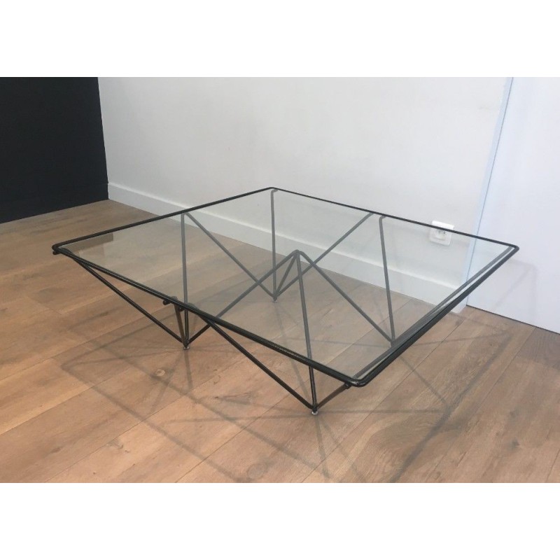 Square Coffee Table in Black Lacquered Metal with Clear Glass Top, Attributed to Paolo Piva, Italy, Circa 1970