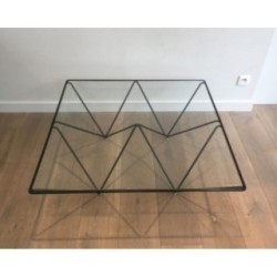 Square Coffee Table in Black Lacquered Metal with Clear Glass Top, Attributed to Paolo Piva, Italy, Circa 1970