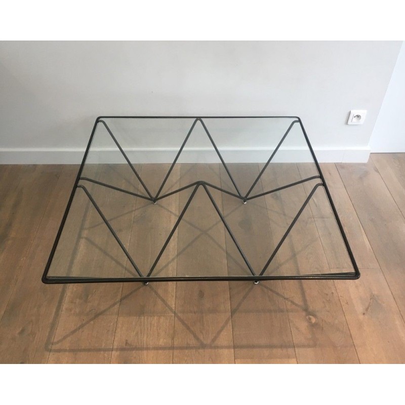 Square Coffee Table in Black Lacquered Metal with Clear Glass Top, Attributed to Paolo Piva, Italy, Circa 1970