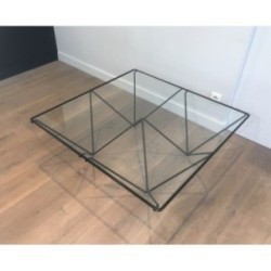 Square Coffee Table in Black Lacquered Metal with Clear Glass Top, Attributed to Paolo Piva, Italy, Circa 1970
