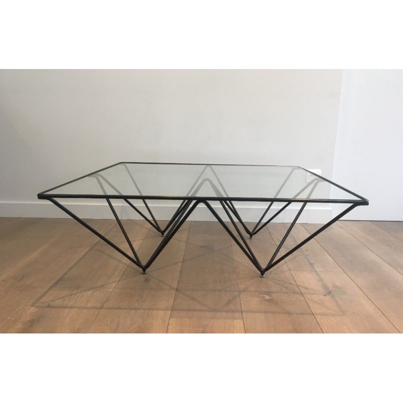 Square Coffee Table in Black Lacquered Metal with Clear Glass Top, Attributed to Paolo Piva, Italy, Circa 1970