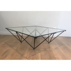 Square Coffee Table in Black Lacquered Metal with Clear Glass Top, Attributed to Paolo Piva, Italy, Circa 1970