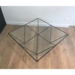 Square Coffee Table in Black Lacquered Metal with Clear Glass Top, Attributed to Paolo Piva, Italy, Circa 1970