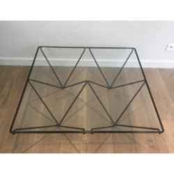 Square Coffee Table in Black Lacquered Metal with Clear Glass Top, Attributed to Paolo Piva, Italy, Circa 1970