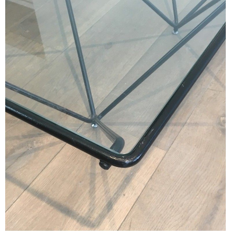 Square Coffee Table in Black Lacquered Metal with Clear Glass Top, Attributed to Paolo Piva, Italy, Circa 1970